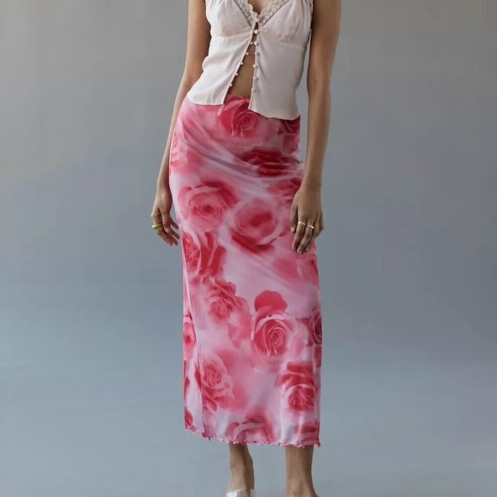 Urban Outfitters Wave Maxi Mesh Skirt size S Pink Rose Y2K Whimsical Coquette